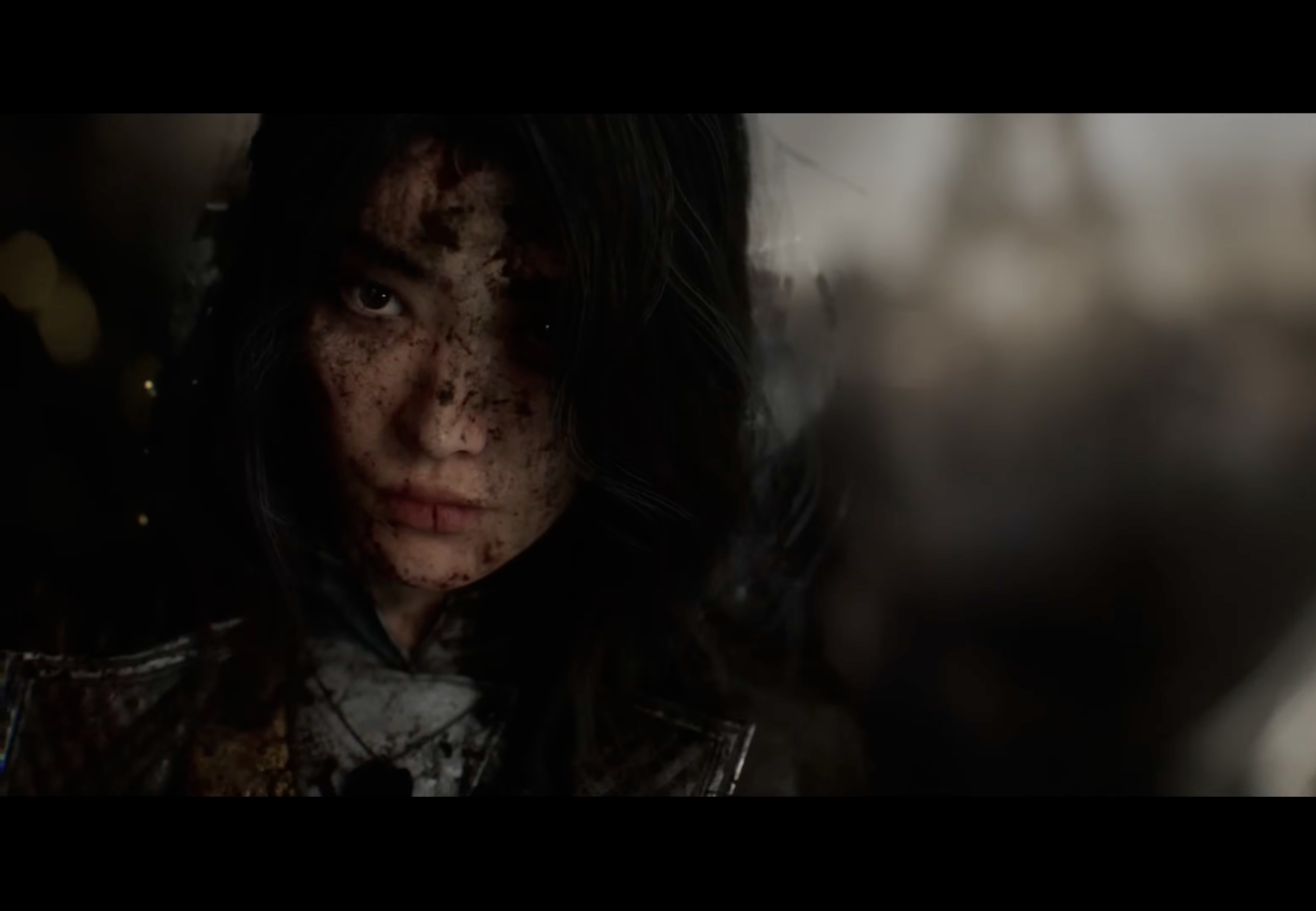 Lune, with dusts and blood on her face, staring at Verso