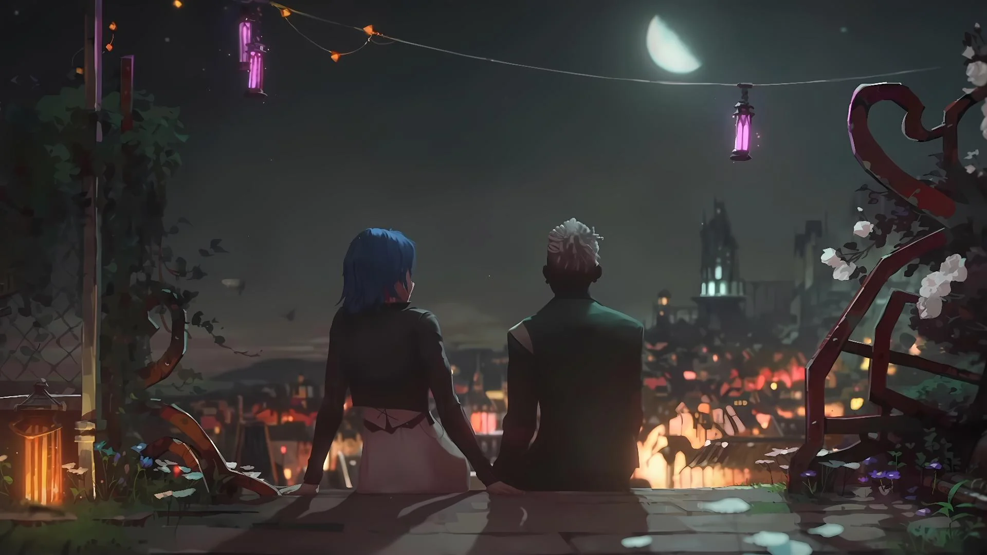 Ekko and Powder sit shoulder to shoulder on a roof with the view of the undercity, looking at the moon